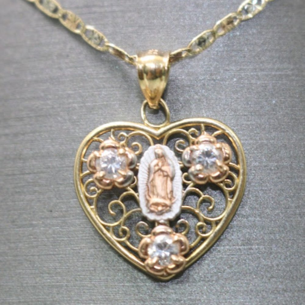 14kt Tri-tone Flowers Virgin Mary Heart Pendant with 14kt Tri-tone Trace Chain
